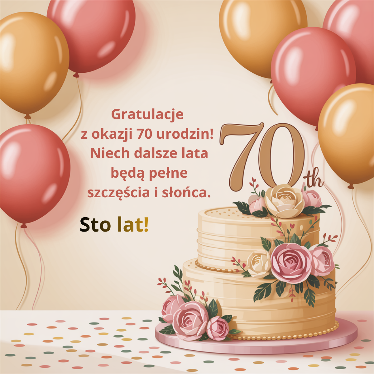 Jubileuszowa grafika na 70. urodziny z tortem i balonami w ciepłych, beżowych kolorach. Zawiera gratulacje z okazji okrągłego jubileuszu i życzenia, aby dalsze lata były pełne szczęścia i słońca.
