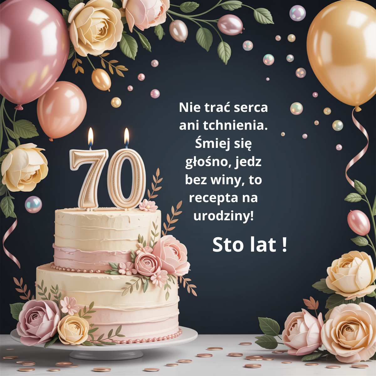 Nastrojowa kartka na 70. urodziny na ciemnym tle z tortem i zapalonymi świeczkami. Tekst stanowi radosną receptę na świętowanie tego wieku: śmiej się głośno, nie trać serca i jedz bez winy.