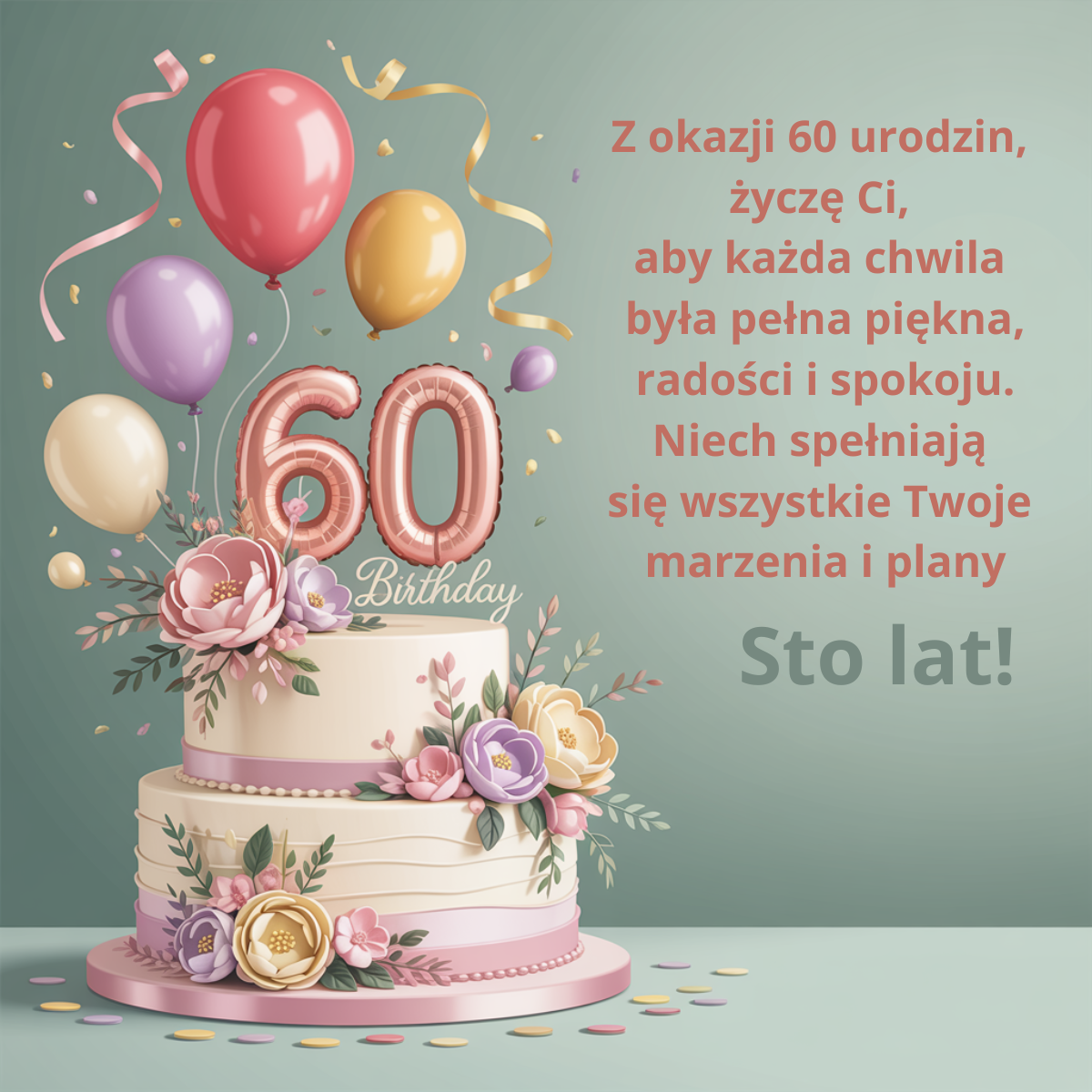 Lekka i pogodna grafika urodzinowa na 60 lat, mająca na celu wywołanie uśmiechu i przekazanie szczerych życzeń pomyślności.