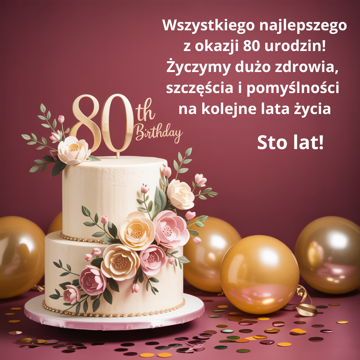 Stylowa grafika urodzinowa na 80 lat na bordowym tle ze złotymi akcentami. Zawiera klasyczne, serdeczne życzenia dużej ilości zdrowia, szczęścia i pomyślności na kolejne lata życia Seniora.
