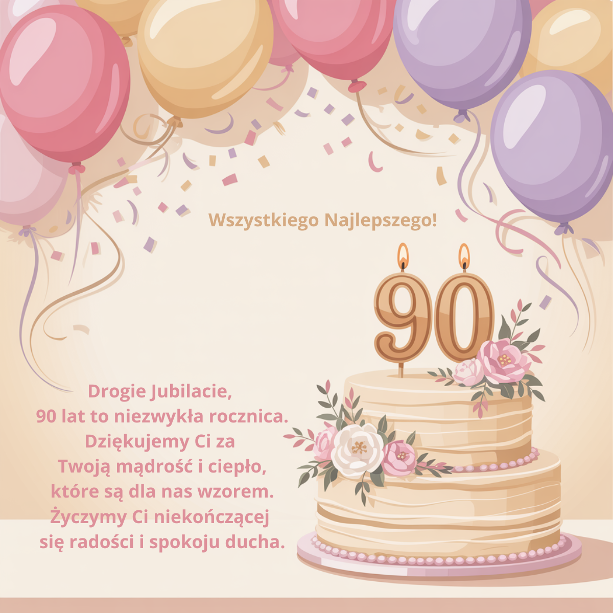 Jasna, elegancka kartka na 90. urodziny z tortem i balonami. Tekst zawiera podziękowanie dla Jubilata za życiową mądrość i ciepło, życząc niekończącej się radości oraz głębokiego spokoju ducha.