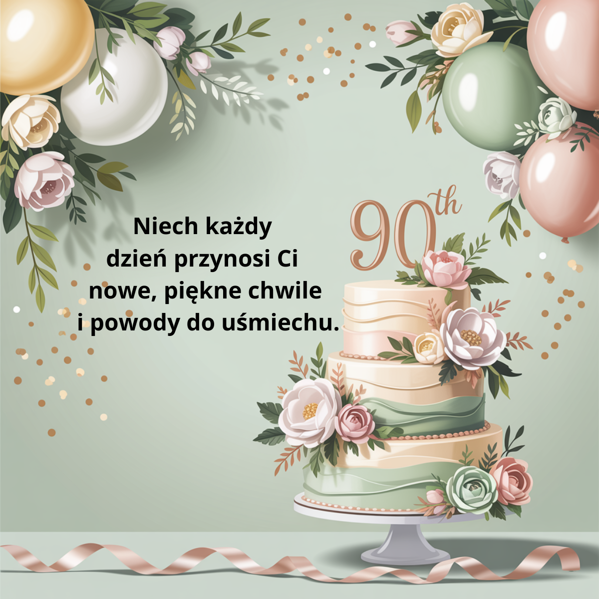Stylowa grafika urodzinowa na 90 lat w otoczeniu kwiatów. Życzenia koncentrują się na tym, aby każdy kolejny dzień przynosił nowe, piękne chwile i powody do uśmiechu w otoczeniu bliskich.