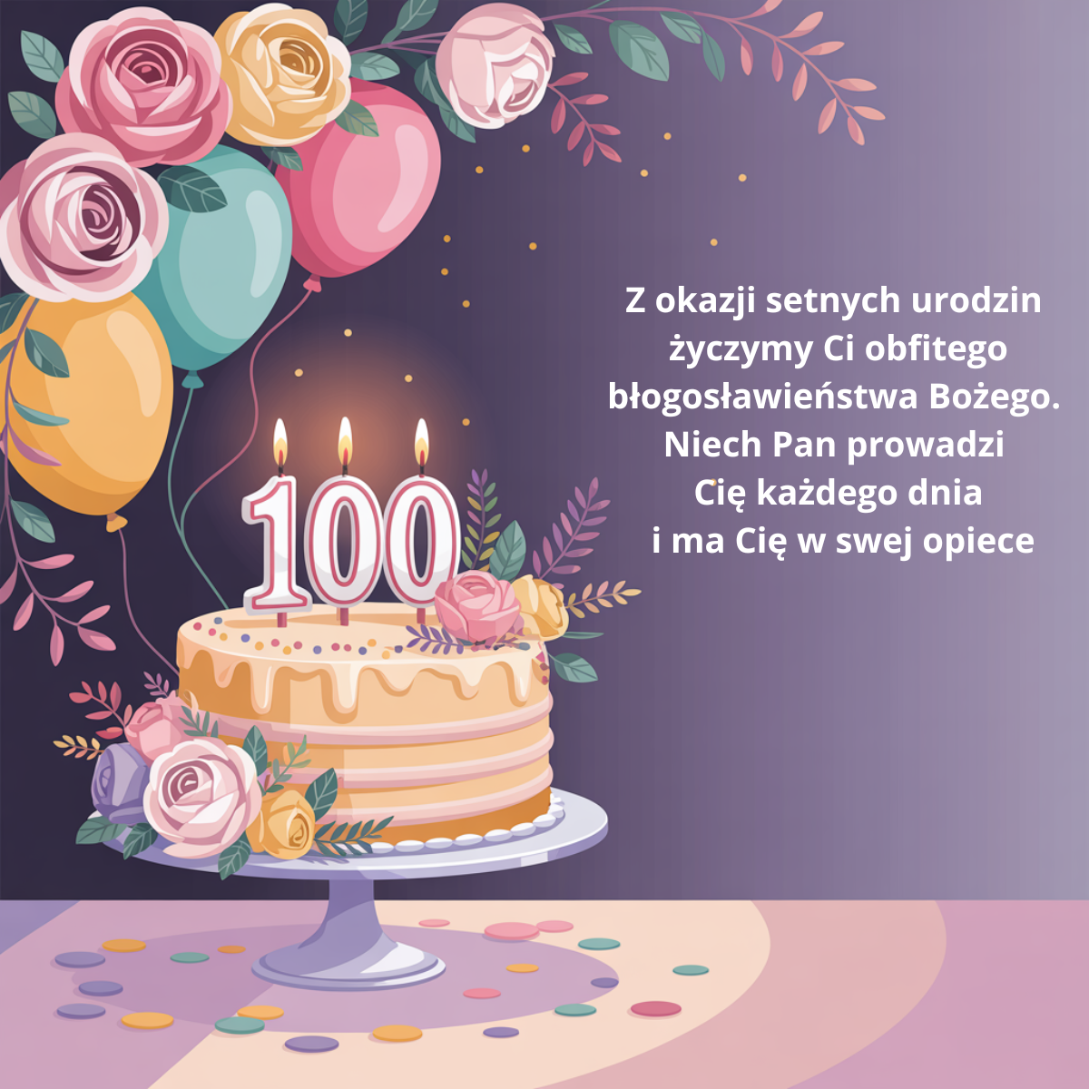 Religijna grafika na setne urodziny z prośbą o obfite błogosławieństwo Bożę. Tekst wyraża życzenie opieki Pana na każdy dzień, stanowiąc duchowy hołd dla niezwykłej długowieczności Seniora.