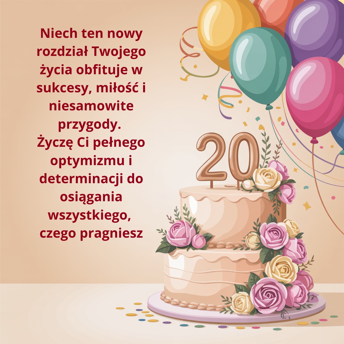 Energetyczna kartka urodzinowa na 20 lat, symbolizująca otwarcie drzwi do dorosłego życia. Tekst życzy sukcesów, niesamowitych przygód oraz determinacji i optymizmu w osiąganiu wyznaczonych celów.