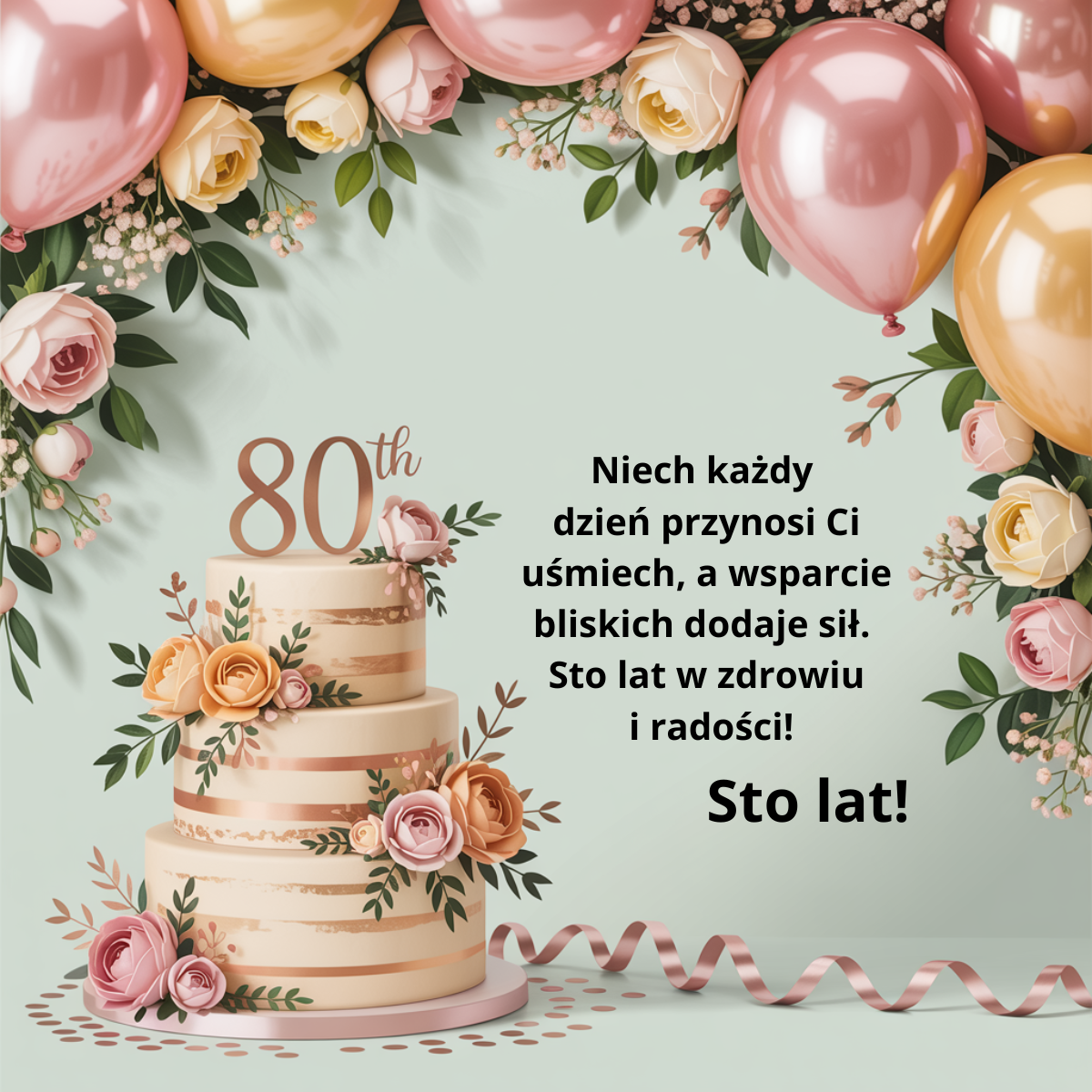 Elegancka kartka na 80. urodziny w odcieniach mięty i różu. Grafika przedstawia tort i balony oraz życzenia zdrowia, radości i wsparcia bliskich, stanowiące godne uhonorowanie tego zacnego jubileuszu.