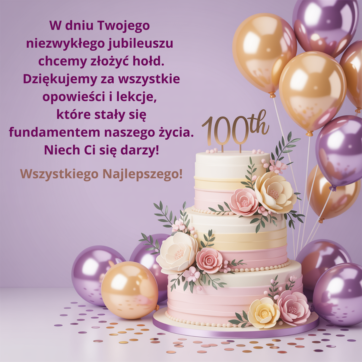 Elegancka kartka składająca hołd w dniu 100. urodzin. Podziękowanie za opowieści i lekcje, które stały się fundamentem życia rodziny, uznając Jubilata za skarbnicę wspomnień i świadka historii.