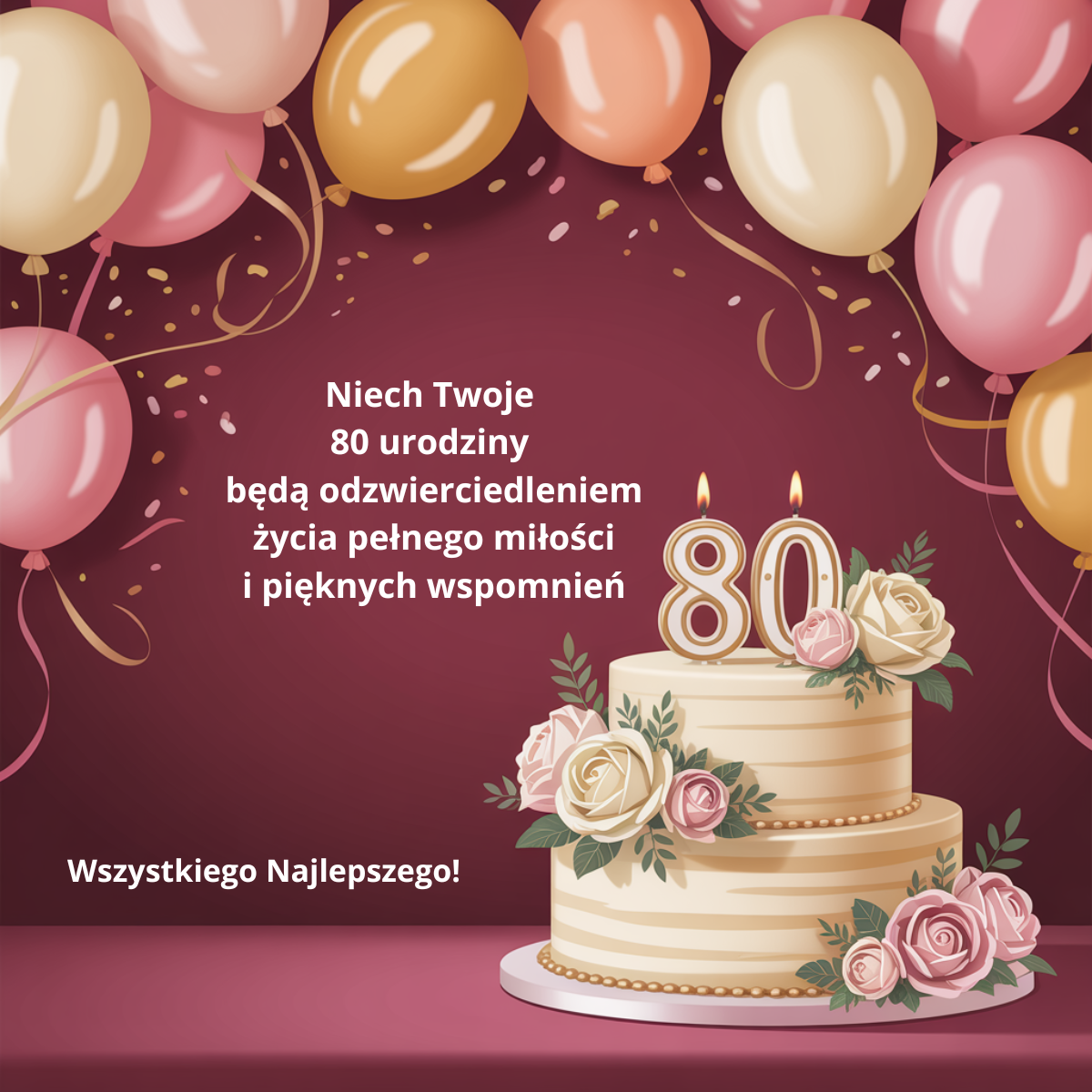 Wzruszająca kartka na 80. urodziny z tortem i świeczkami. Tekst życzeń celebruje osiem dekad życia jako odzwierciedlenie miłości i pięknych wspomnień, wyrażając głęboką wdzięczność za obecność Jubilata.