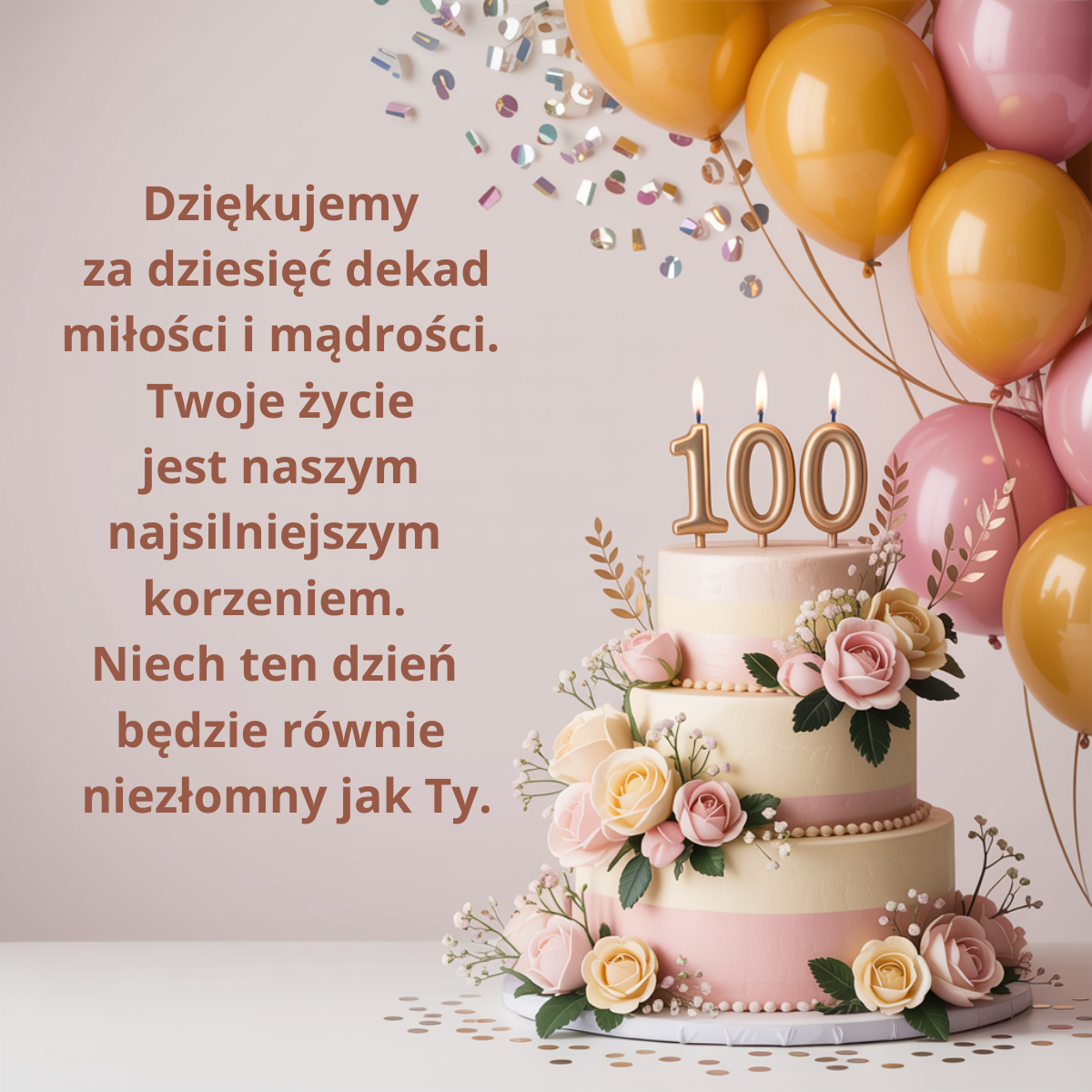 Wzruszająca grafika na 100 lat dziękująca za dziesięć dekad miłości i mądrości. Życzenia nazywają życie Seniora najsilniejszym rodzinnym korzeniem i doceniają jego niezłomność przez całe stulecie.