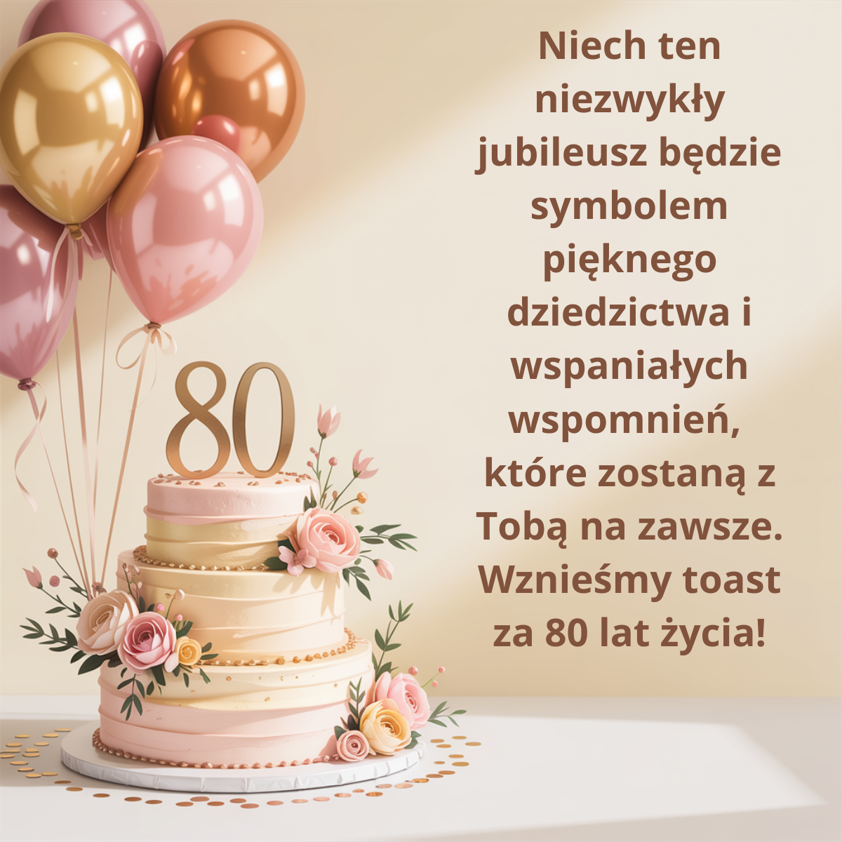 Uroczysta grafika na 80. urodziny w jasnych barwach. Tekst wznosi toast za osiem dekad życia, nazywając jubileusz symbolem pięknego dziedzictwa, mądrości życiowej i wspaniałych wspomnień, które zostają na zawsze.