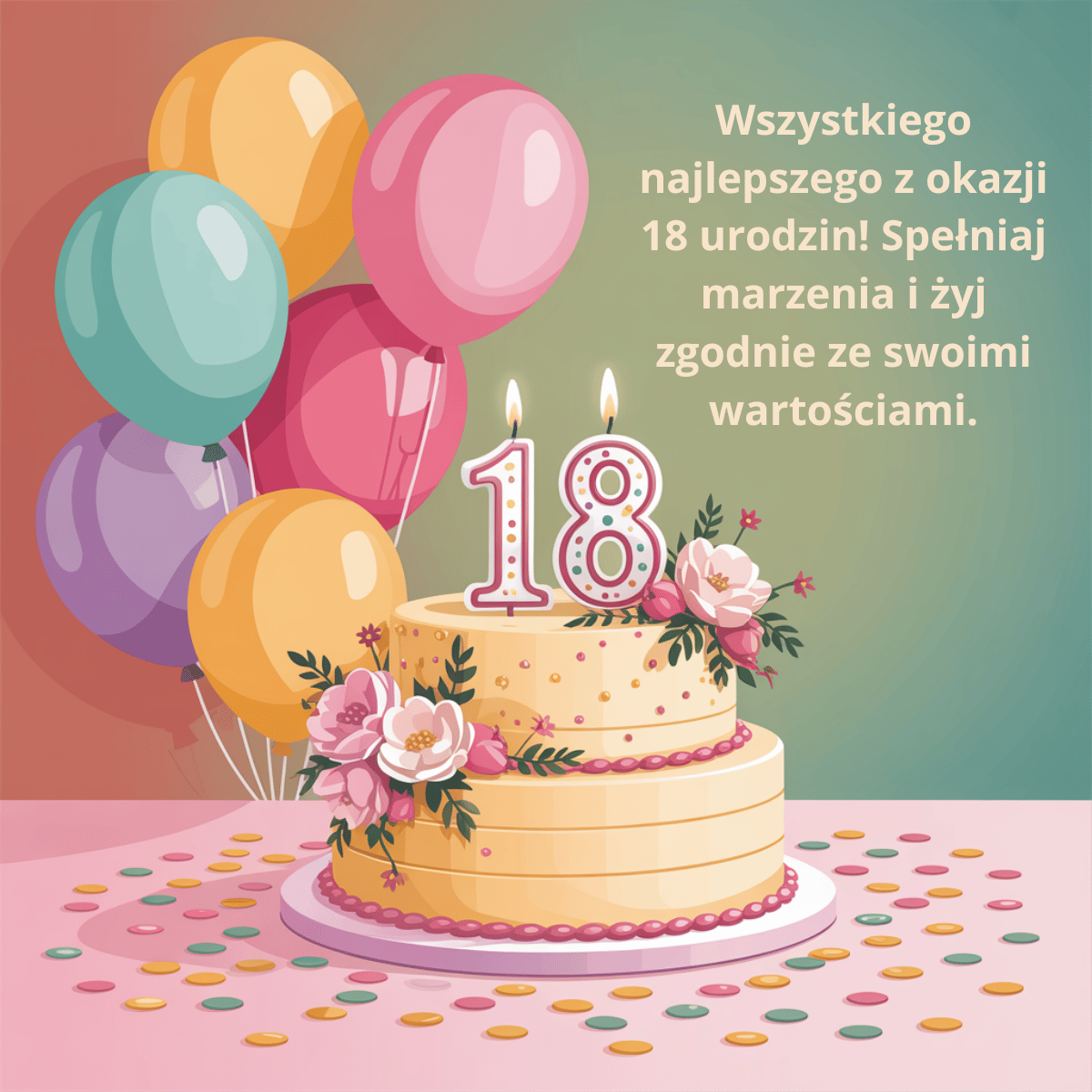 Radosna kartka na 18. urodziny z tortem i kolorowymi balonami. Tekst zawiera motywacyjne przesłanie, życząc spełniania marzeń i życia w zgodzie z własnymi wartościami na progu dorosłości.