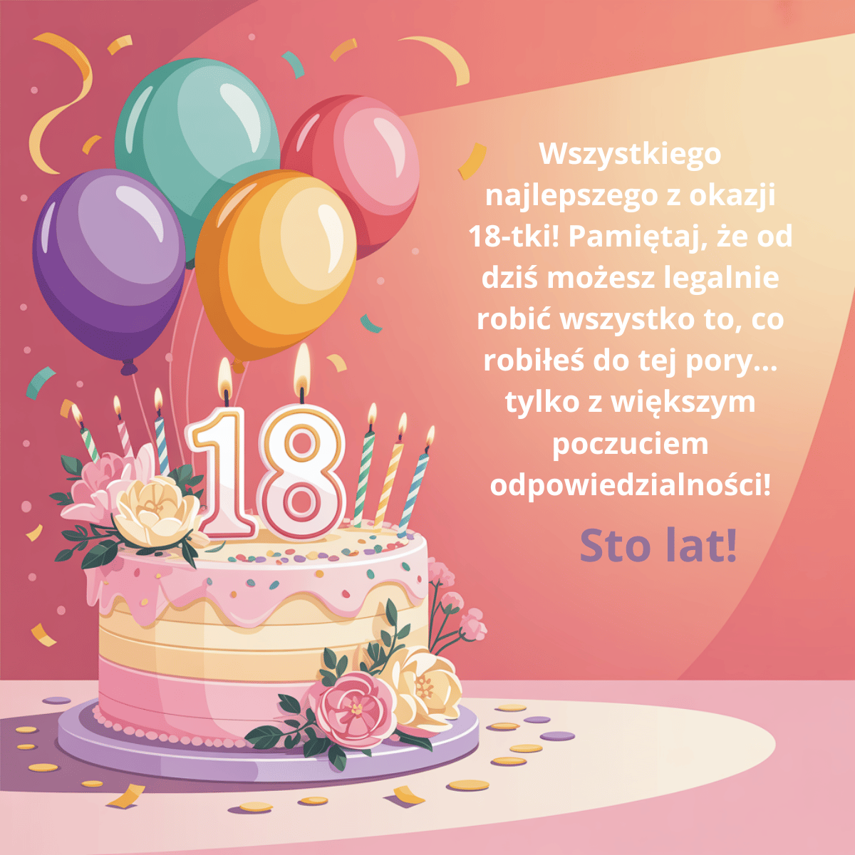 Humorystyczna grafika na 18-tkę z tortem i świeczkami. Życzenia w zabawny sposób nawiązują do nowo zdobytej, legalnej wolności, przypominając jednocześnie o większym poczuciu odpowiedzialności.