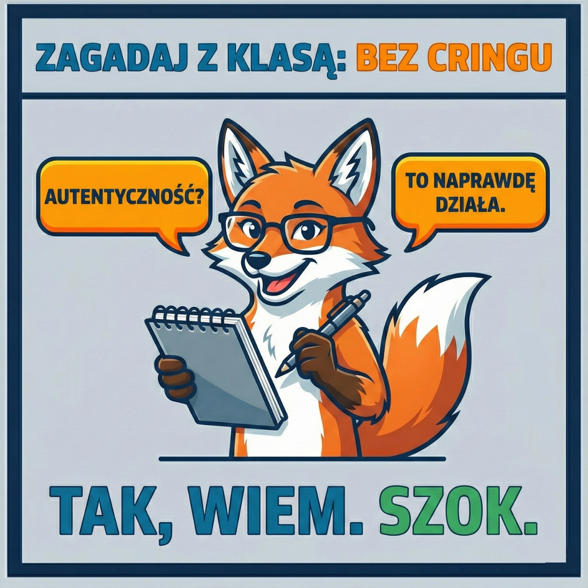 Ilustracja mądrego lisa w okularach, promująca zagadywanie z klasą. Grafika podkreśla, że autentyczność i naturalność to skuteczna alternatywa dla żenujących tekst&oacute;w na podryw.