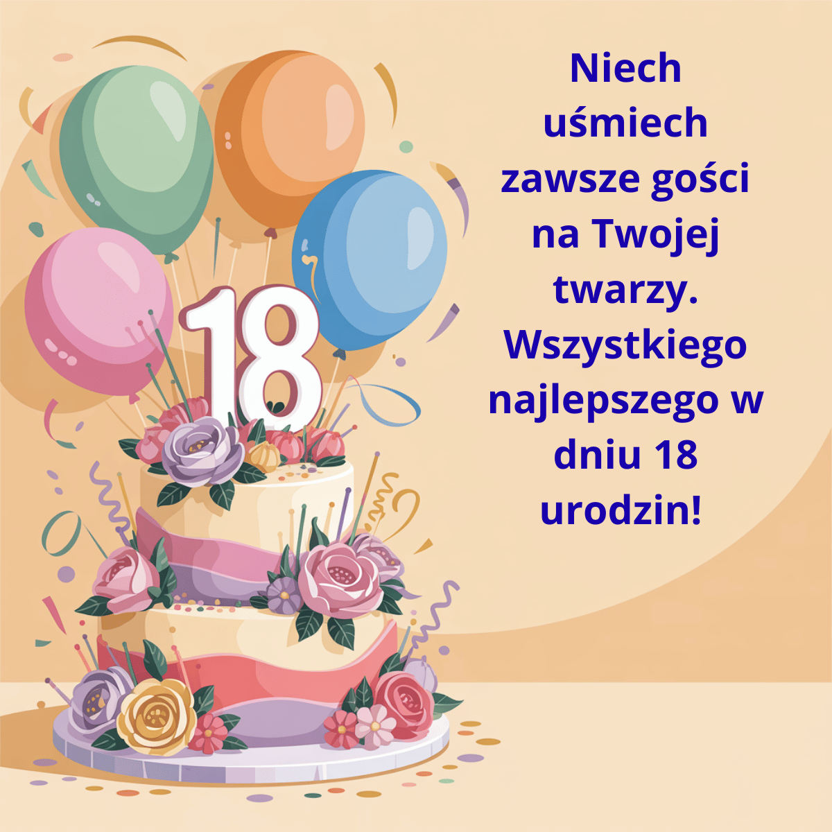 Pogodna grafika urodzinowa na 18 lat z tortem w pastelowych kolorach. Główne przesłanie koncentruje się na życzeniu, aby uśmiech zawsze gościł na twarzy młodego człowieka wkraczającego w dorosłość.