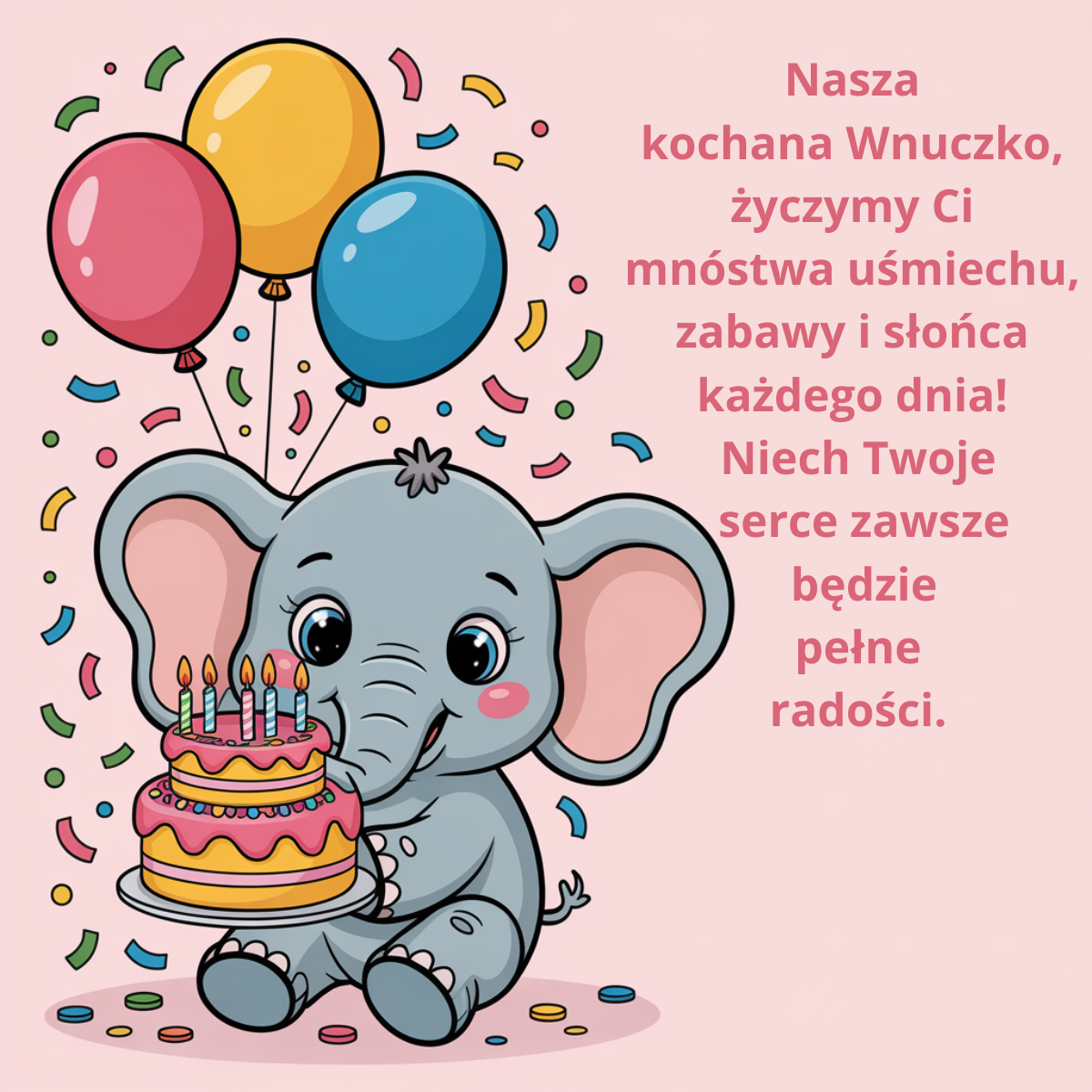 Kartka urodzinowa dla wnuczki ze słonikiem i tortem