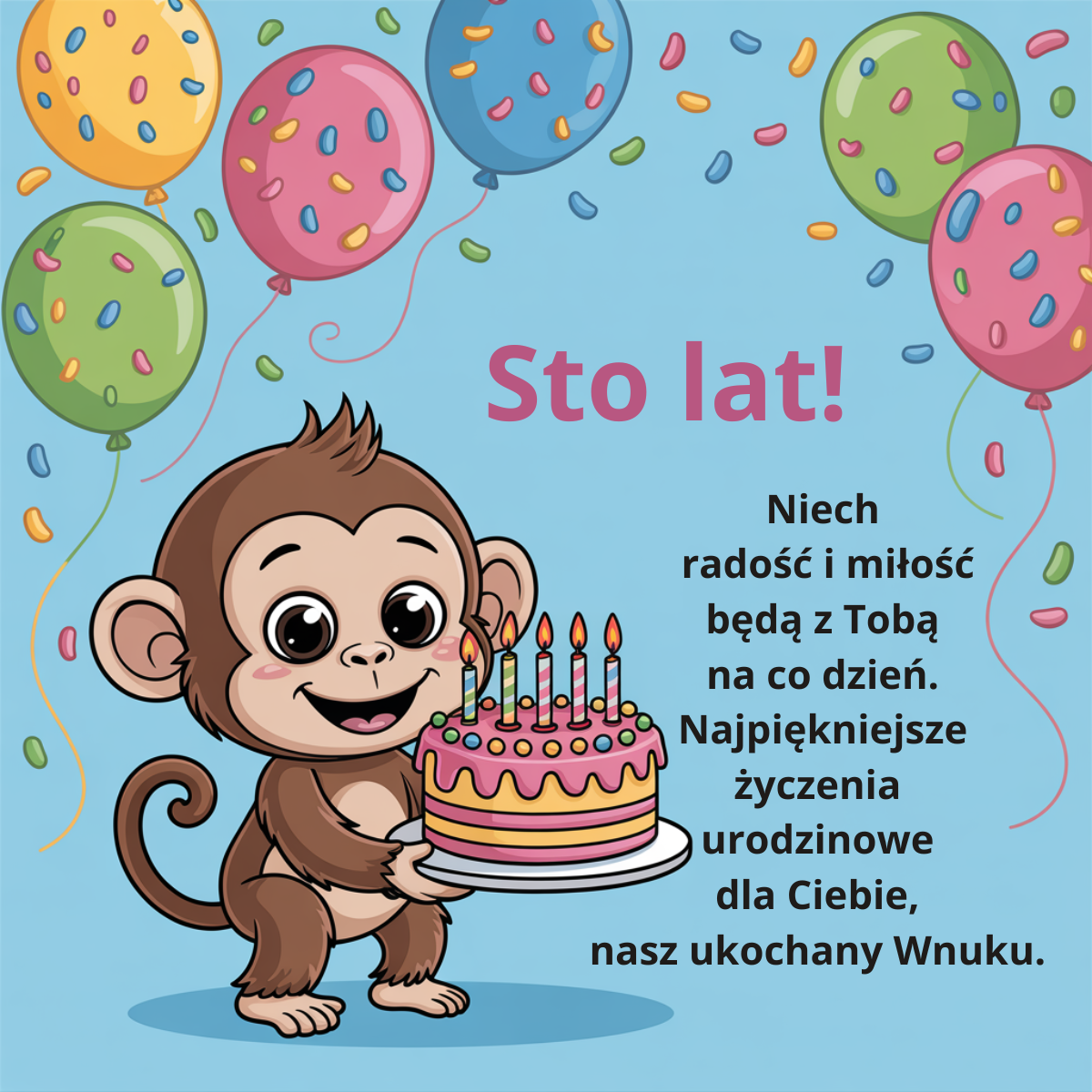 Kartka urodzinowa dla wnuka z małpką i tortem