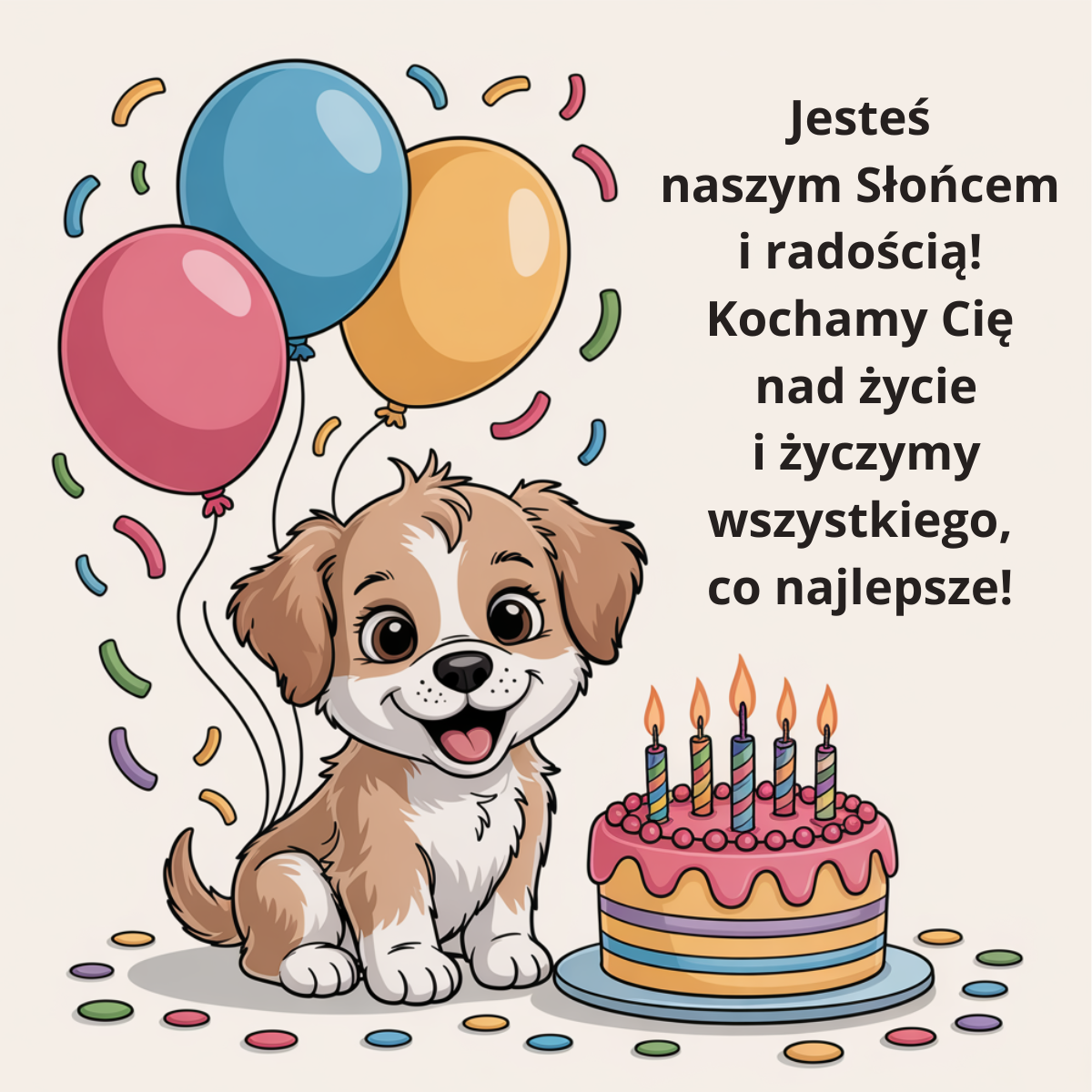 Kartka urodzinowa dla wnuczki z pieskiem, balonami i tortem