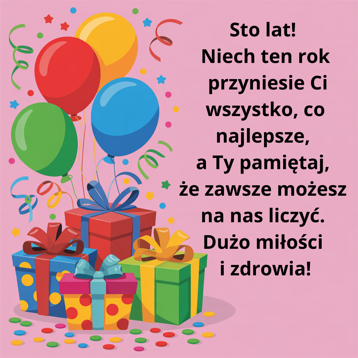 Kartka urodzinowa dla wnuka z balonami i prezentami