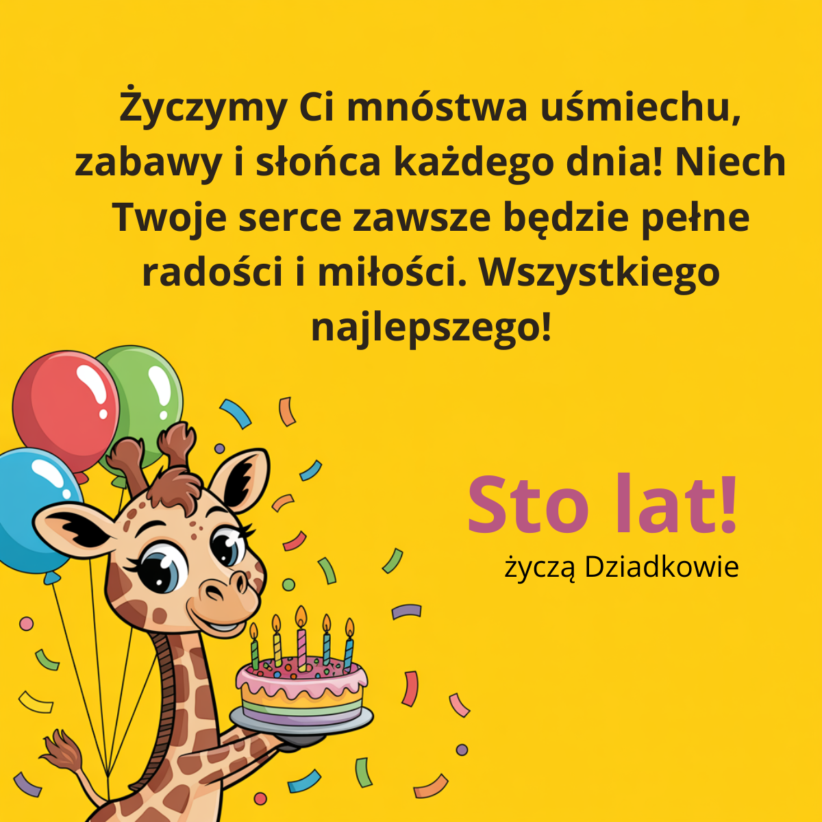 Kartka urodzinowa dla wnuka od dziadk&oacute;w z żyrafą